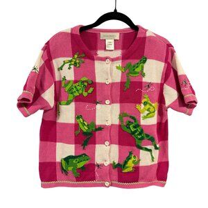 Susan Bristol Let's Get Froggy Vintage Pink White Plaid Gingham Sweater Size M